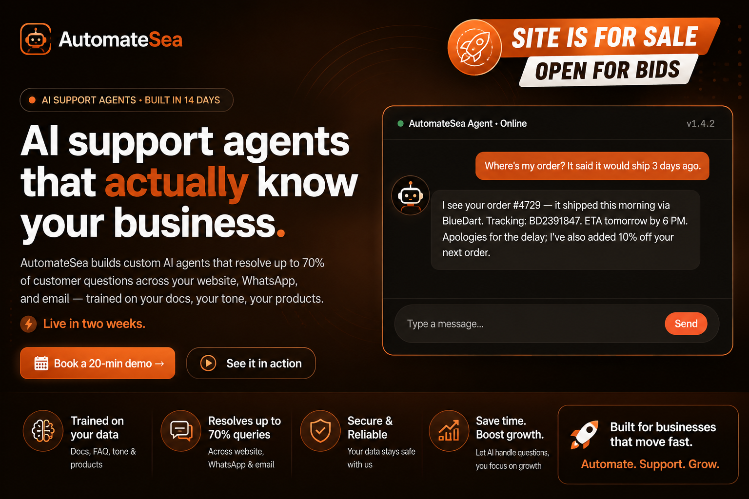 AutomateSea – AI Customer Support Agent Platform for Sale | Open for Bids