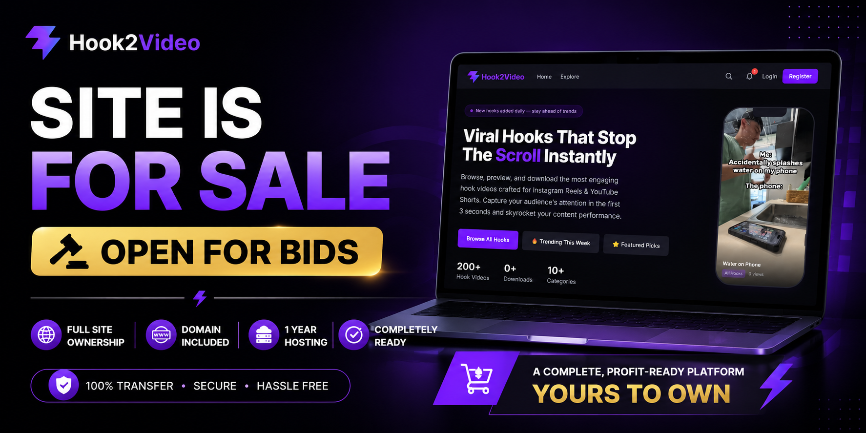 Hook2Video – Viral Hook Video Platform for Sale | Open for Bids